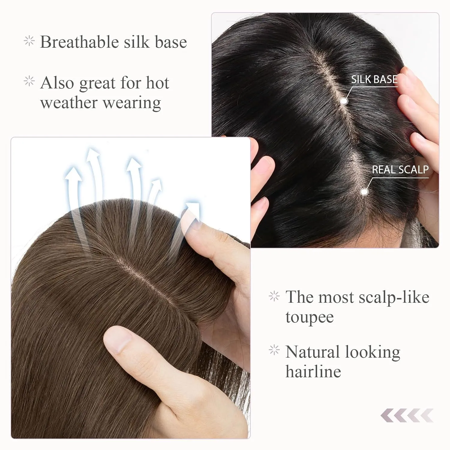Hairro Human Hair Topper, Clips in 100% Real Hairpieces with 4"x 4.7" Silk Base for Women, for High Hairline/Covering Greyish Thin Hair on Top, 6 Inch Cocoa brown
