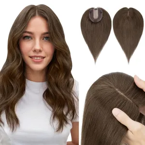 Hairro Human Hair Topper, Clips in 100% Real Hairpieces with 4"x 4.7" Silk Base for Women, for High Hairline/Covering Greyish Thin Hair on Top, 6 Inch Cocoa brown