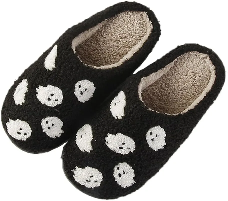 Halloween Slippers for Women Men Fuzzy Preppy Slipper Warm Funny Spooky Cloud Slipper House Couple Slipper Memory Foam Shoes, F-GY-DTX005