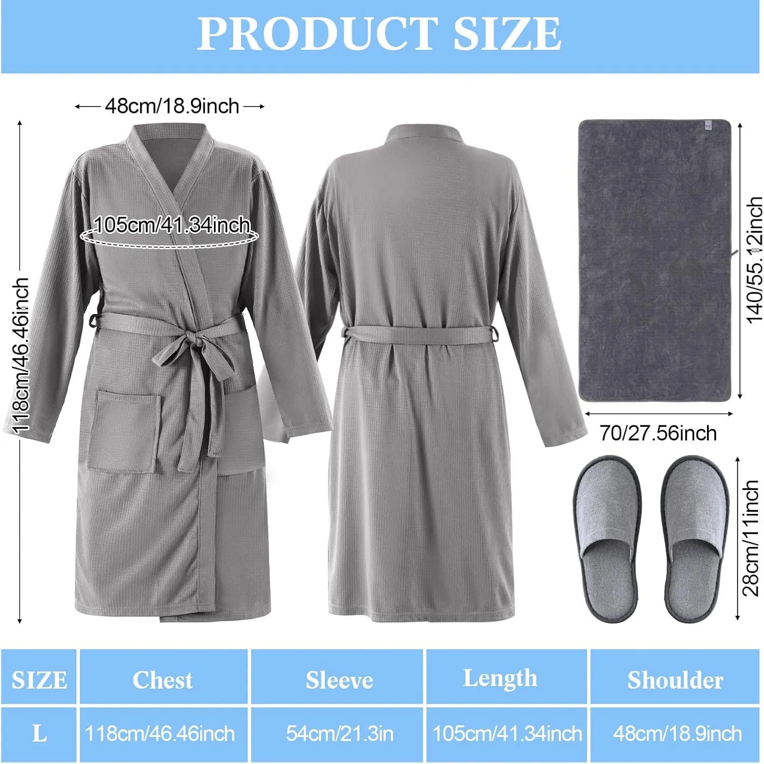 Handepo 2 Sets Waffle Bath Robe Set Unisex Hotel His and Hers Robes Couples Lightweight Knit Spa Bathrobe Slipper Hair Towel
