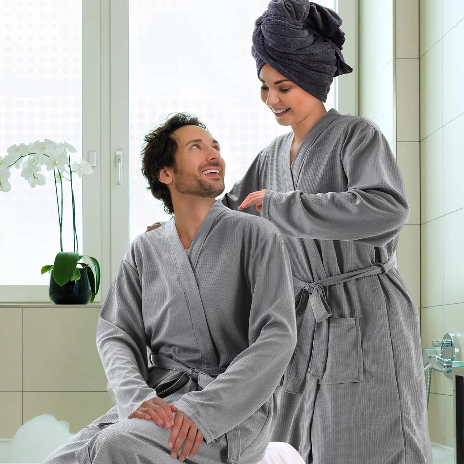 Handepo 2 Sets Waffle Bath Robe Set Unisex Hotel His and Hers Robes Couples Lightweight Knit Spa Bathrobe Slipper Hair Towel