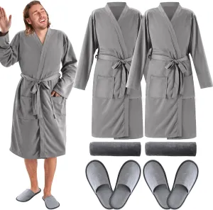 Handepo 2 Sets Waffle Bath Robe Set Unisex Hotel His and Hers Robes Couples Lightweight Knit Spa Bathrobe Slipper Hair Towel