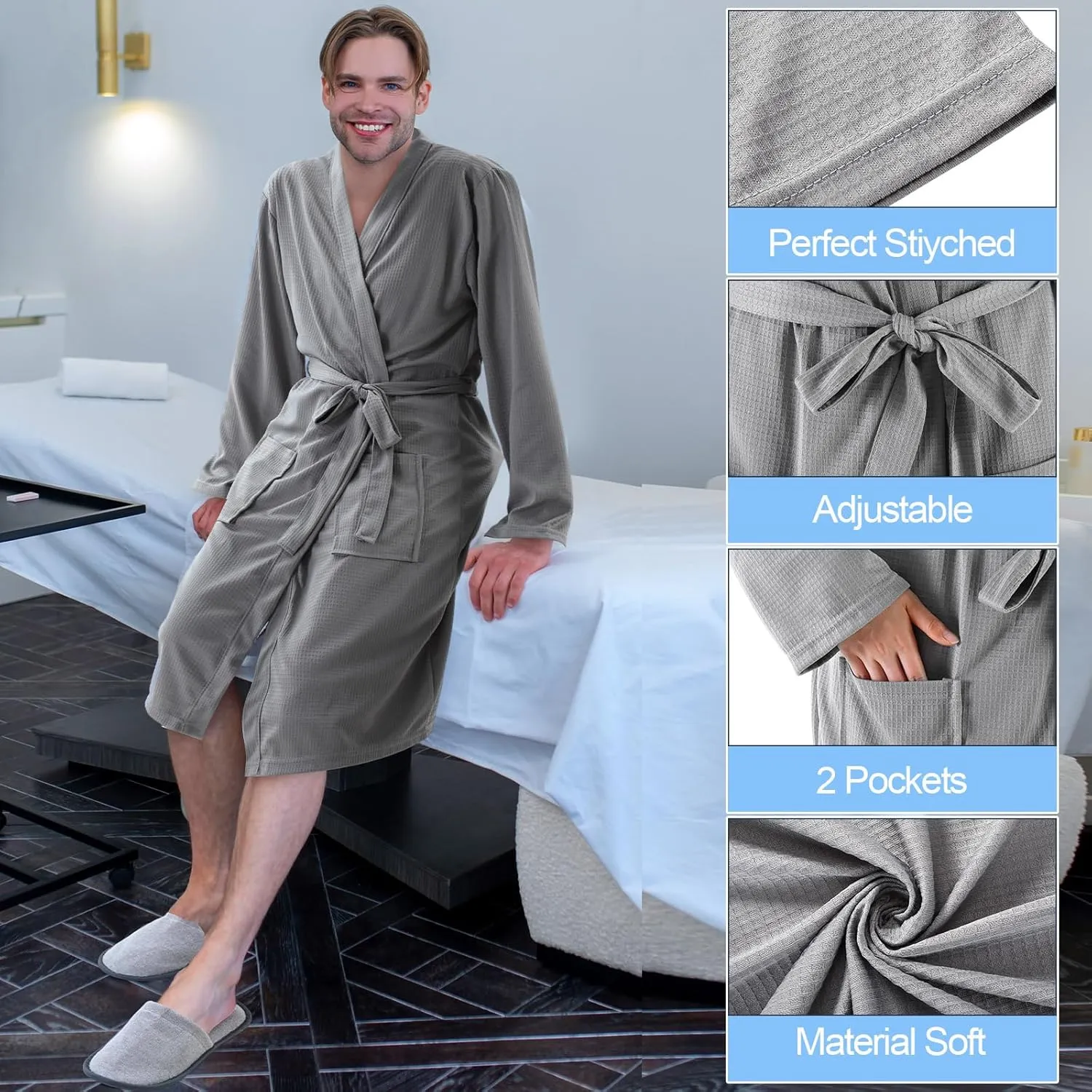Handepo 2 Sets Waffle Bath Robe Set Unisex Hotel His and Hers Robes Couples Lightweight Knit Spa Bathrobe Slipper Hair Towel