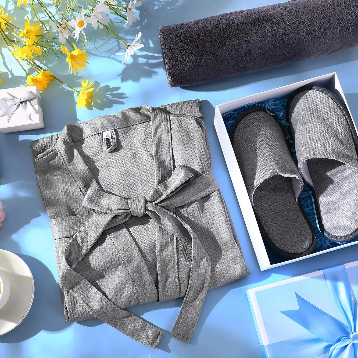 Handepo 2 Sets Waffle Bath Robe Set Unisex Hotel His and Hers Robes Couples Lightweight Knit Spa Bathrobe Slipper Hair Towel