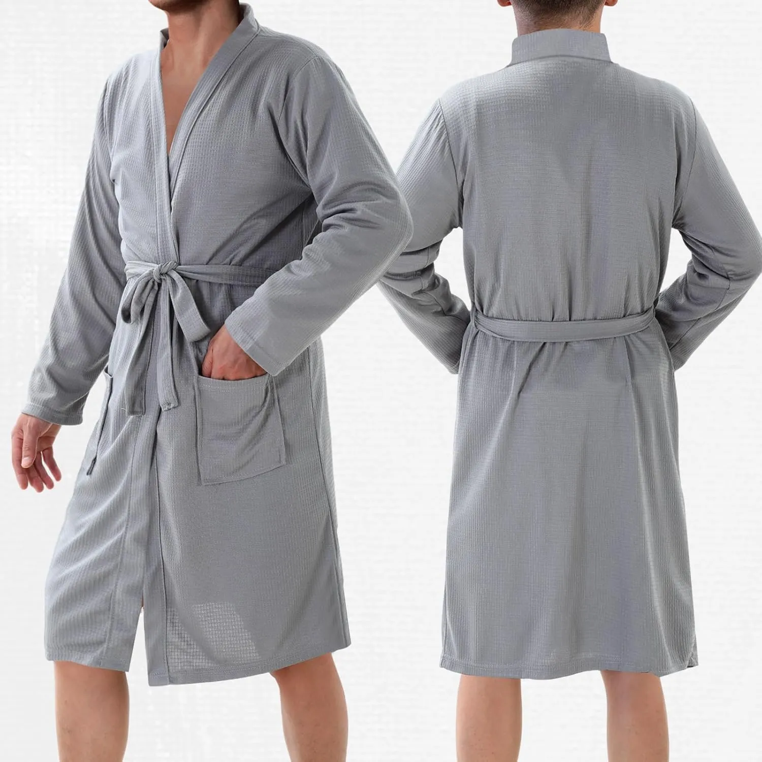 Handepo 2 Sets Waffle Bath Robe Set Unisex Hotel His and Hers Robes Couples Lightweight Knit Spa Bathrobe Slipper Hair Towel