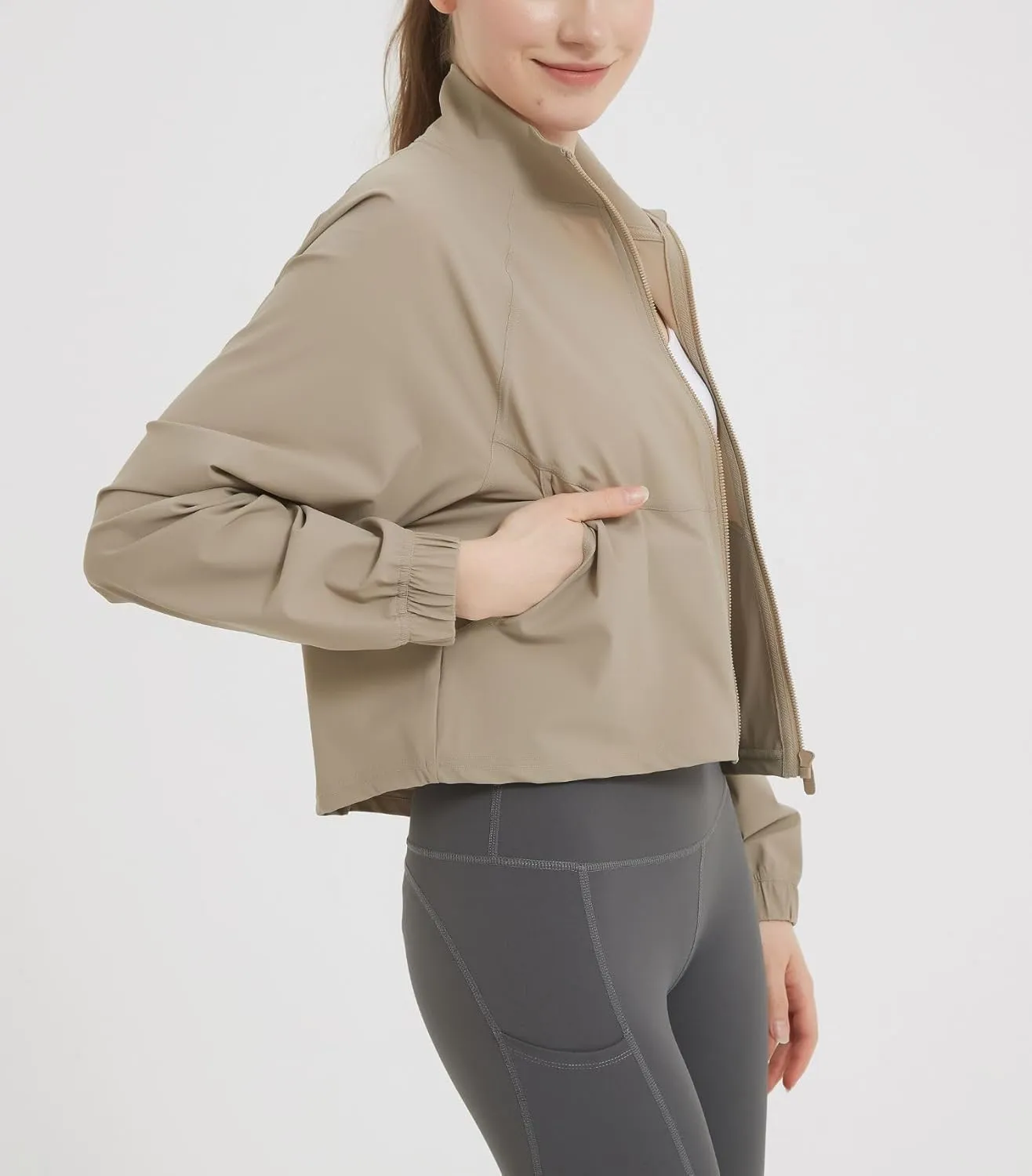 happlan Women's UPF 50  Sun Protection Athletic Running Gym Yoga Long Sleeve Cropped Zip Up Workout Shirt Track Jacket
