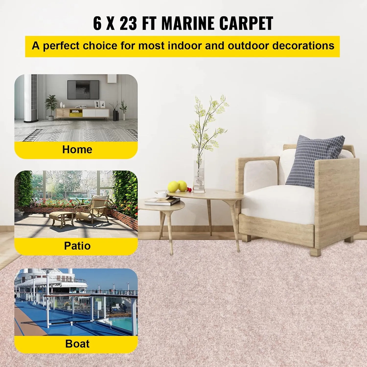 Happybuy Boat Carpet, 6 ft x 23 ft Marine Carpet for Boats, Waterproof Light Brown Carpet with Marine Backing Anti-Slide Marine Grade Boat Carpet Cuttable Easy to Clean Patio Rugs Deck Rug