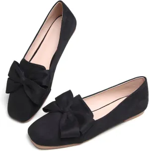 Hee grand Bowknot Ballet Flats for Women Square Toe Dressy Shoes Suede Comfort Slip-On Loafers Casual Women's Flats
