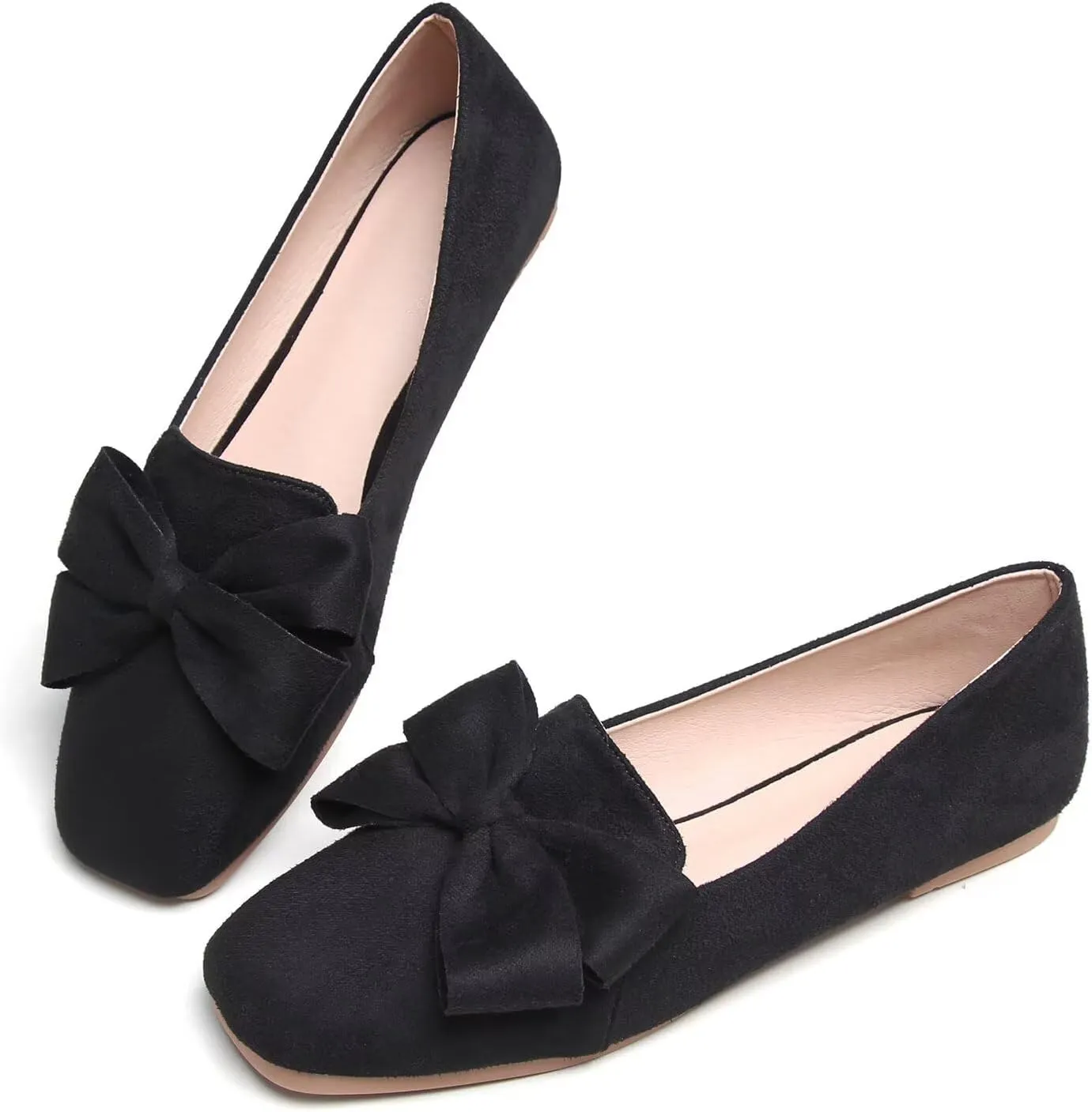 Hee grand Bowknot Ballet Flats for Women Square Toe Dressy Shoes Suede Comfort Slip-On Loafers Casual Women's Flats