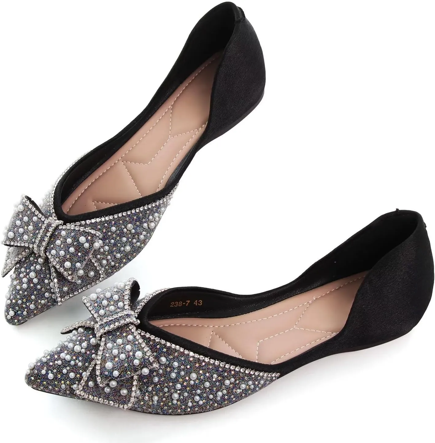 Hee grand Flats for Women Pointed Toe Bowknot Crystals Shoes Glittering Rhinestone Wedding Dress Shoes