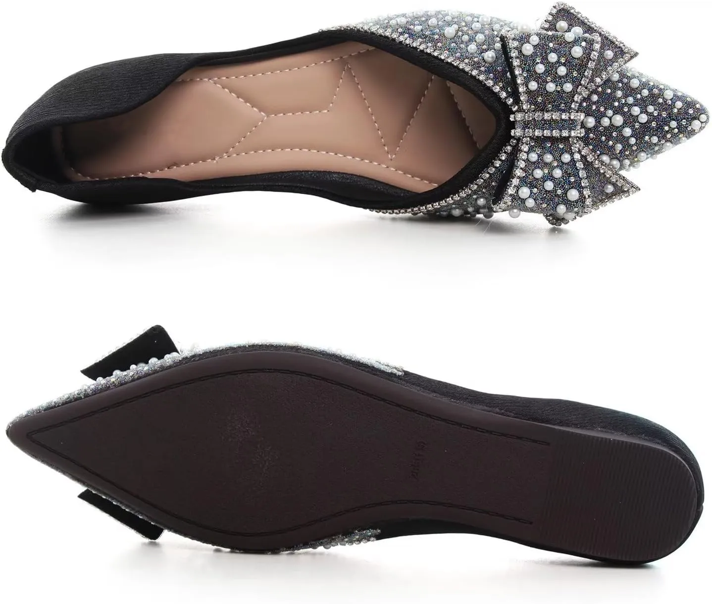 Hee grand Flats for Women Pointed Toe Bowknot Crystals Shoes Glittering Rhinestone Wedding Dress Shoes