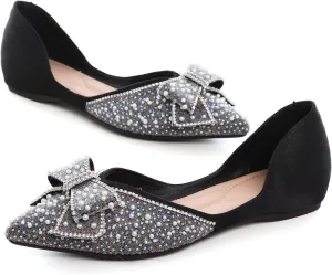 Hee grand Flats for Women Pointed Toe Bowknot Crystals Shoes Glittering Rhinestone Wedding Dress Shoes