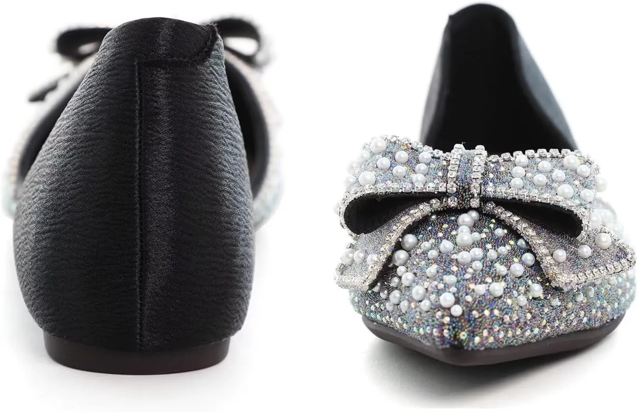 Hee grand Flats for Women Pointed Toe Bowknot Crystals Shoes Glittering Rhinestone Wedding Dress Shoes