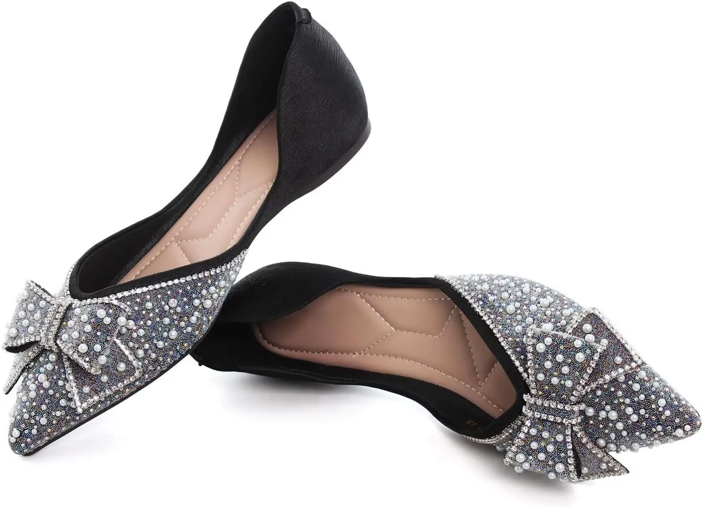 Hee grand Flats for Women Pointed Toe Bowknot Crystals Shoes Glittering Rhinestone Wedding Dress Shoes