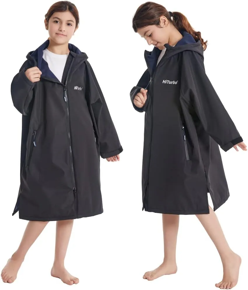Hiturbo Kids Waterproof Swim Parka: Windproof Swimming Coat - Thin Fleece Lining - Oversized Swimmer Jacket