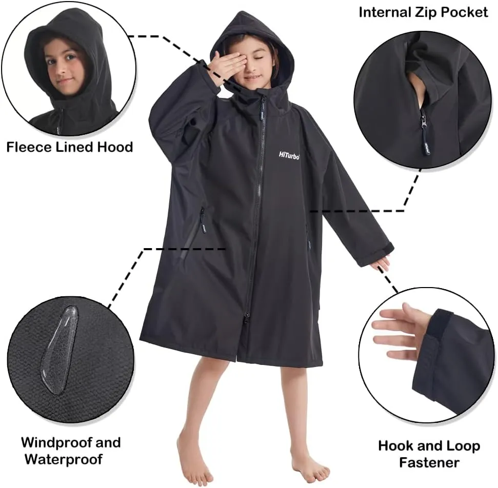 Hiturbo Kids Waterproof Swim Parka: Windproof Swimming Coat - Thin Fleece Lining - Oversized Swimmer Jacket