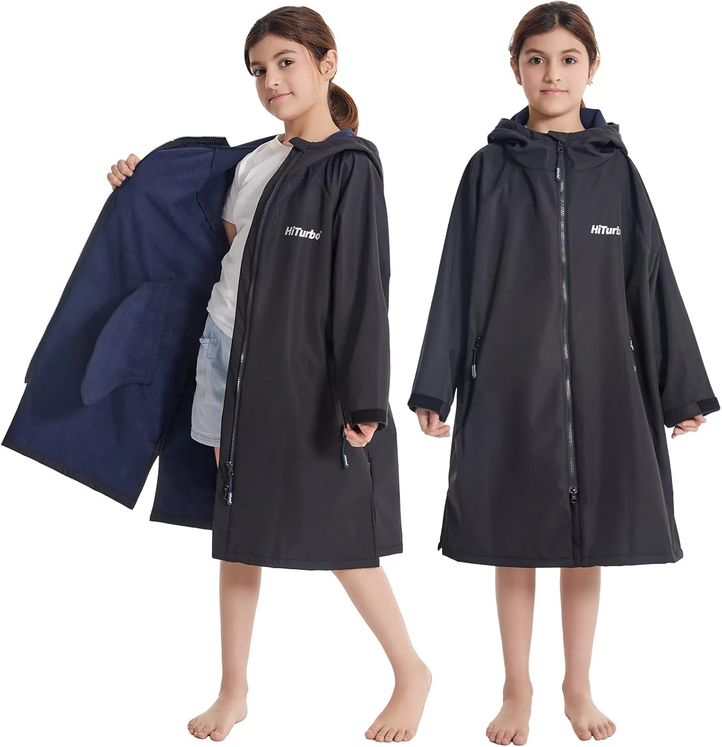 Hiturbo Kids Waterproof Swim Parka: Windproof Swimming Coat - Thin Fleece Lining - Oversized Swimmer Jacket