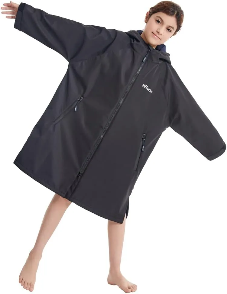 Hiturbo Kids Waterproof Swim Parka: Windproof Swimming Coat - Thin Fleece Lining - Oversized Swimmer Jacket