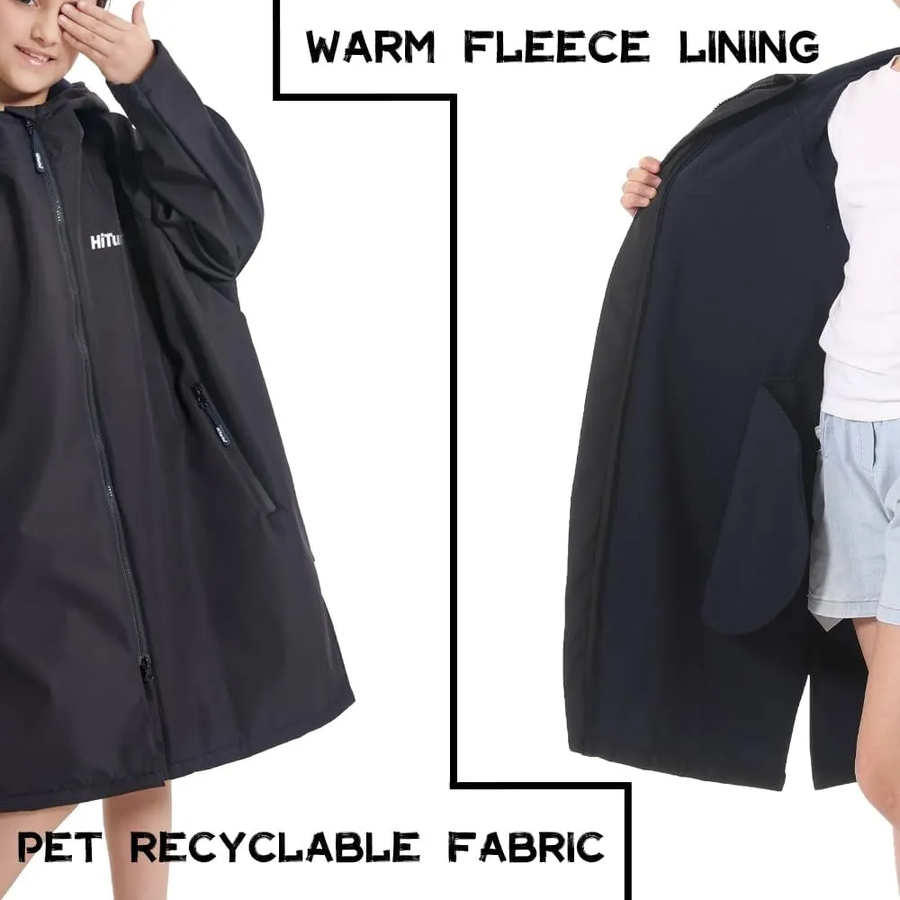 Hiturbo Kids Waterproof Swim Parka: Windproof Swimming Coat - Thin Fleece Lining - Oversized Swimmer Jacket