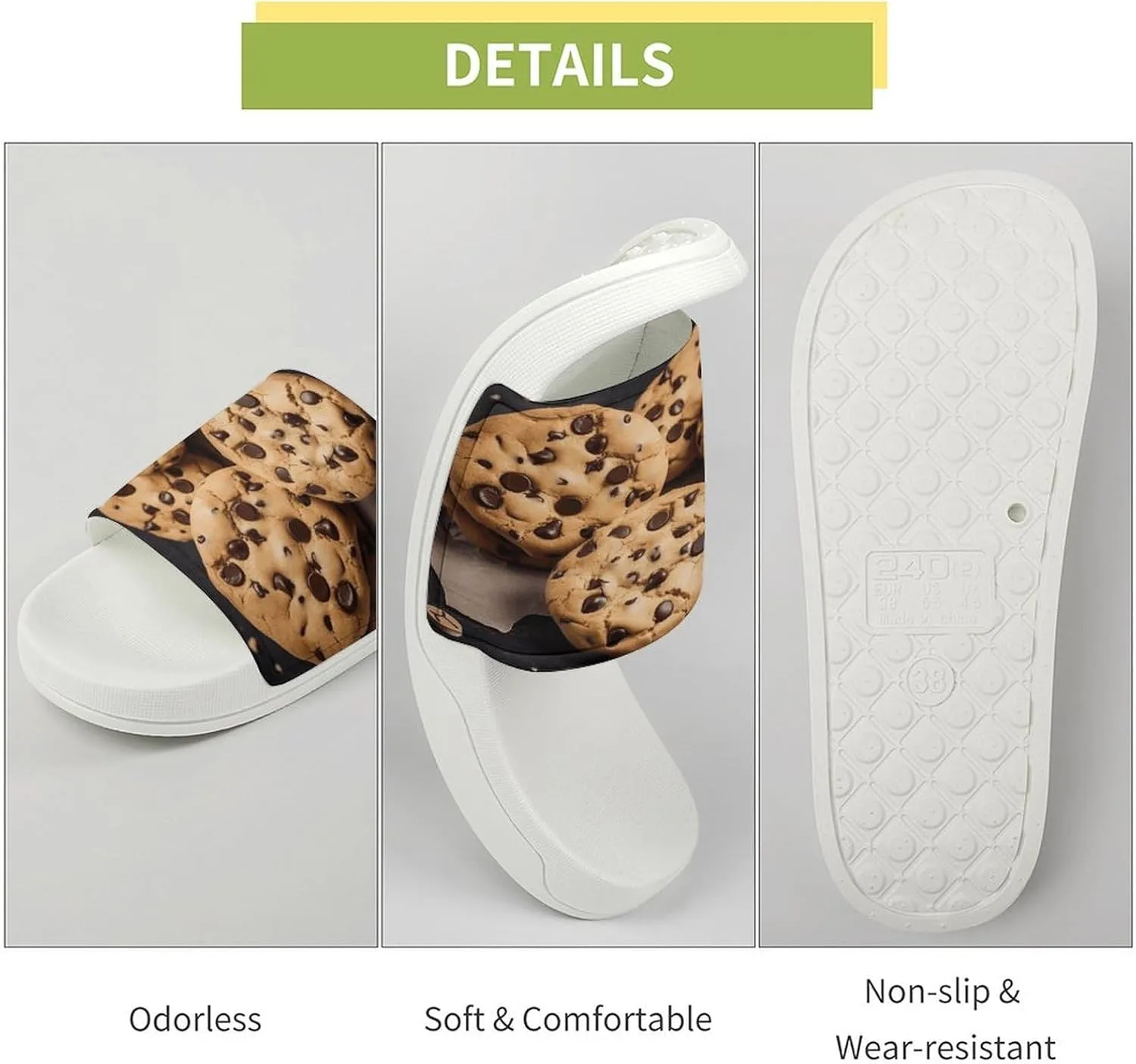 Home Slides Shower Sandals,Chocolate Chip Biscuit Print Open Toe Slippers,Summer Beach Slides,Non-Slip Shower Shoes for Indoor And Outdoor