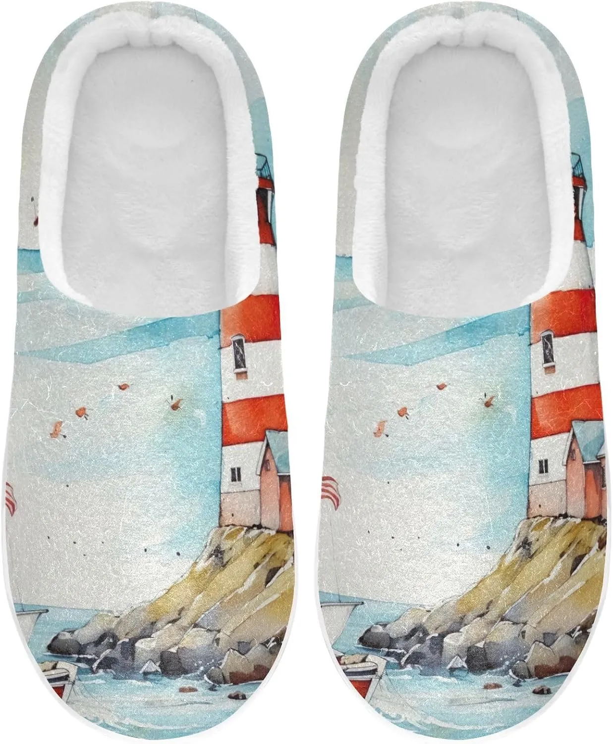 House Fuzzy Slippers Lighthouse Ocean Boat Anti-Slip Warm Shoes for Womens & Men 20853321