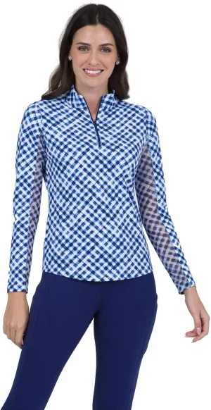 IBKUL Athleisure Wear Sun Protective UPF 50  Icefil Cooling Gingham Check Print Long Sleeve Mock Neck Top – 10876
