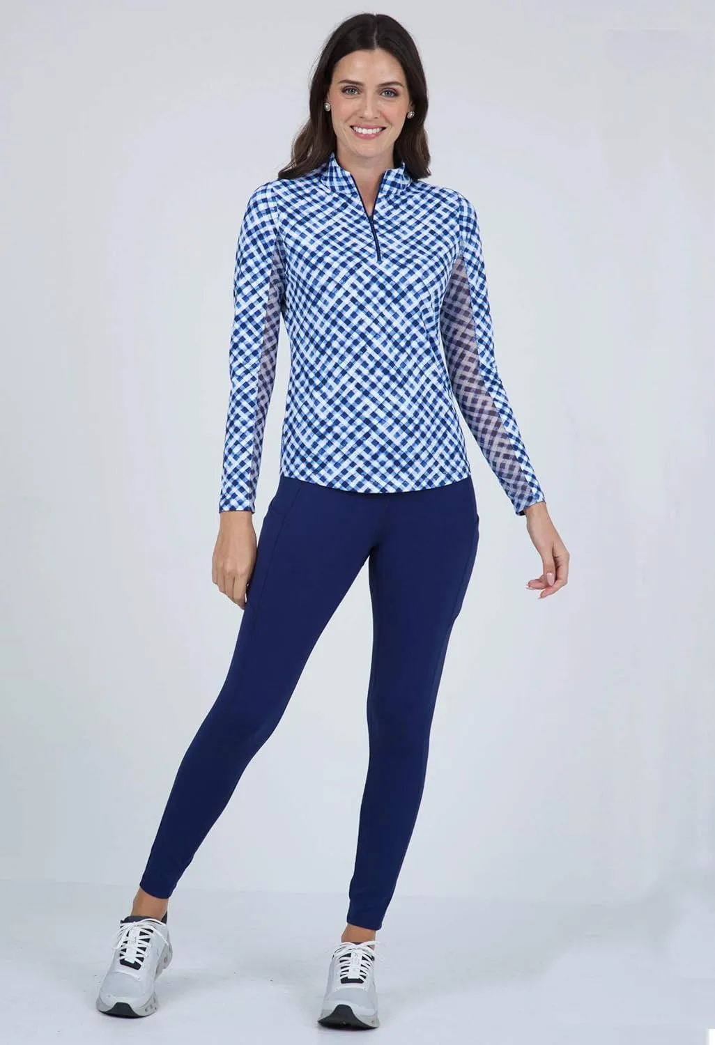 IBKUL Athleisure Wear Sun Protective UPF 50  Icefil Cooling Gingham Check Print Long Sleeve Mock Neck Top – 10876