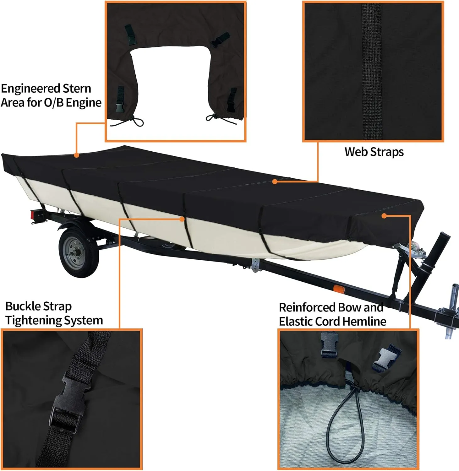 iCOVER Jon Boat Cover, Heavy Duty Marine Grade Waterproof Polyester Canvas, Trailerable Jon Boat Covers