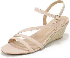 IDIFU IN2 Espadrille Wedge Sandals for Women Strappy Round Open Toe Wedge Heels Wedding Bridal Work Office Summer Beach Dress Sandals Comfortable Dressy Casual Cute Trendy Ankle Strap Low Heel Wedges