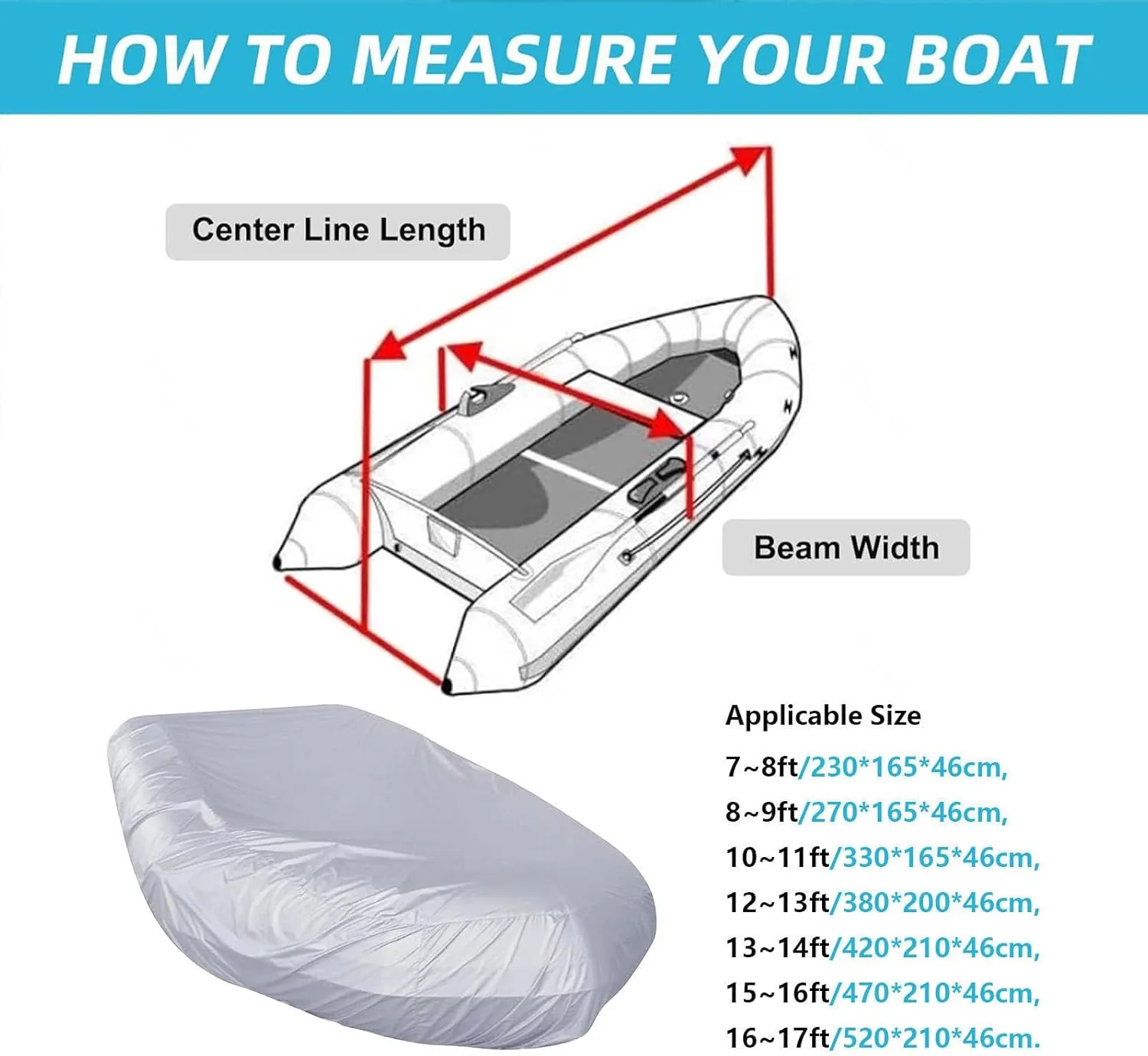 Inflatable Boat Cover 7 Sizes Boat Tarp Waterproof Anti-UV Boat Tarp for Small Inflatable and Rigid Inflatable Boats,420 * 210 * 46cm