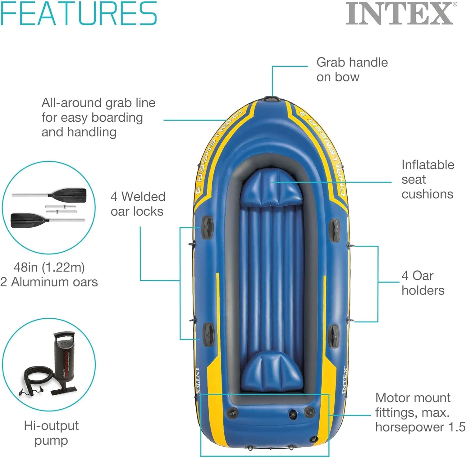 INTEX Challenger Inflatable Boat Series: Includes Deluxe Boat Oars and High-Output Pump – SuperStrong PVC – Triple Air Chambers – Welded Oar Locks – Heavy Duty Grab Handle