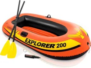 INTEX Explorer Inflatable Boat Series: Dual Air Chambers – Welded Oar Locks – Grab Handles – Bow Rope – Sporty Design