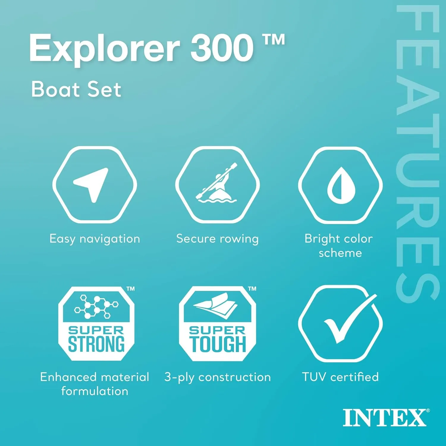 INTEX Explorer Inflatable Boat Series: Dual Air Chambers – Welded Oar Locks – Grab Handles – Bow Rope – Sporty Design