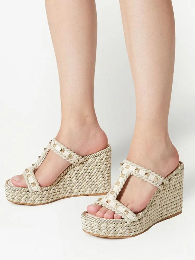 Ivory White H-Band With Rockstuds Open-toe Slip-on Espadrille Wedge Sandals