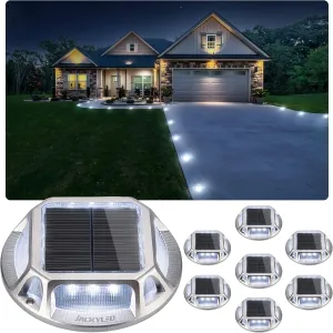 JACKYLED Solar Dock Lights Marine Driveway Lights, IP68 Waterproof 12 LED Solar Powered Warning Step Lights, Aluminum Road Marker for Boat Deck Garage Parking Lot Sideway (8 Pack)