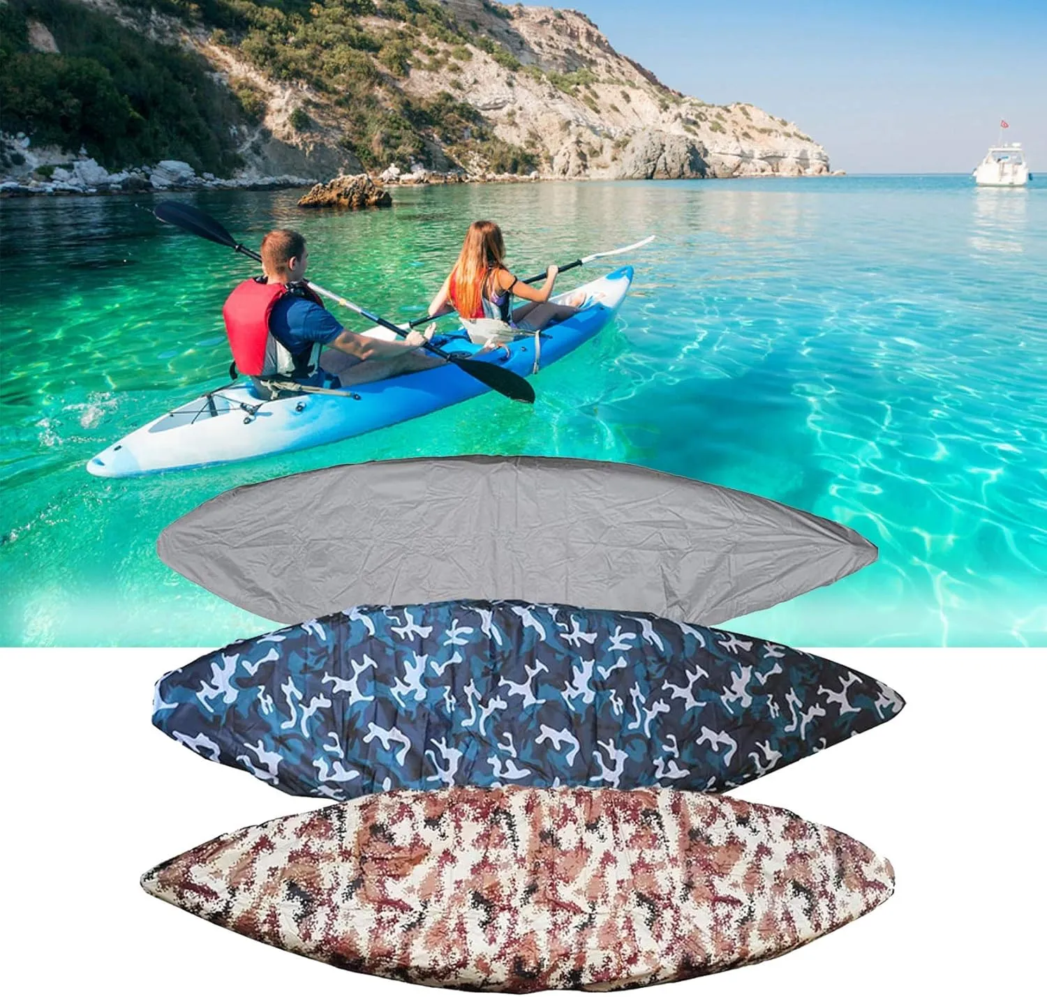 J&C Kayak Covers for Outdoor Storage Waterproof Canoe Cover Dust Proof Fits 8ft 10ft 12ft 13ft 14ft 15 16 17 18ft 19 ft 210D Polyester Anti Sunlight Fishing Boat Protector Black (13.4-14.8ft)
