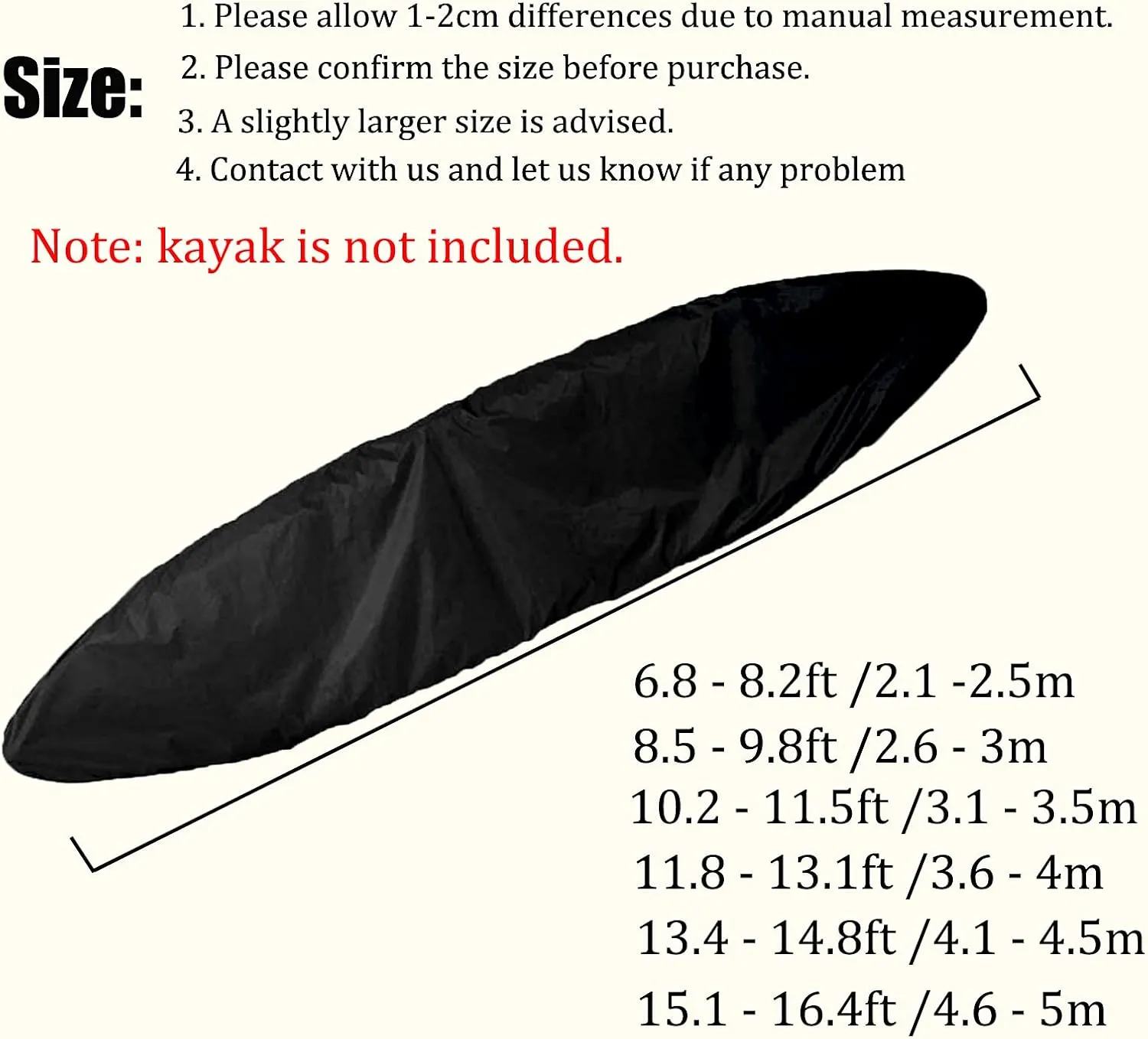 J&C Kayak Covers for Outdoor Storage Waterproof Canoe Cover Dust Proof Fits 8ft 10ft 12ft 13ft 14ft 15 16 17 18ft 19 ft 210D Polyester Anti Sunlight Fishing Boat Protector Black (13.4-14.8ft)