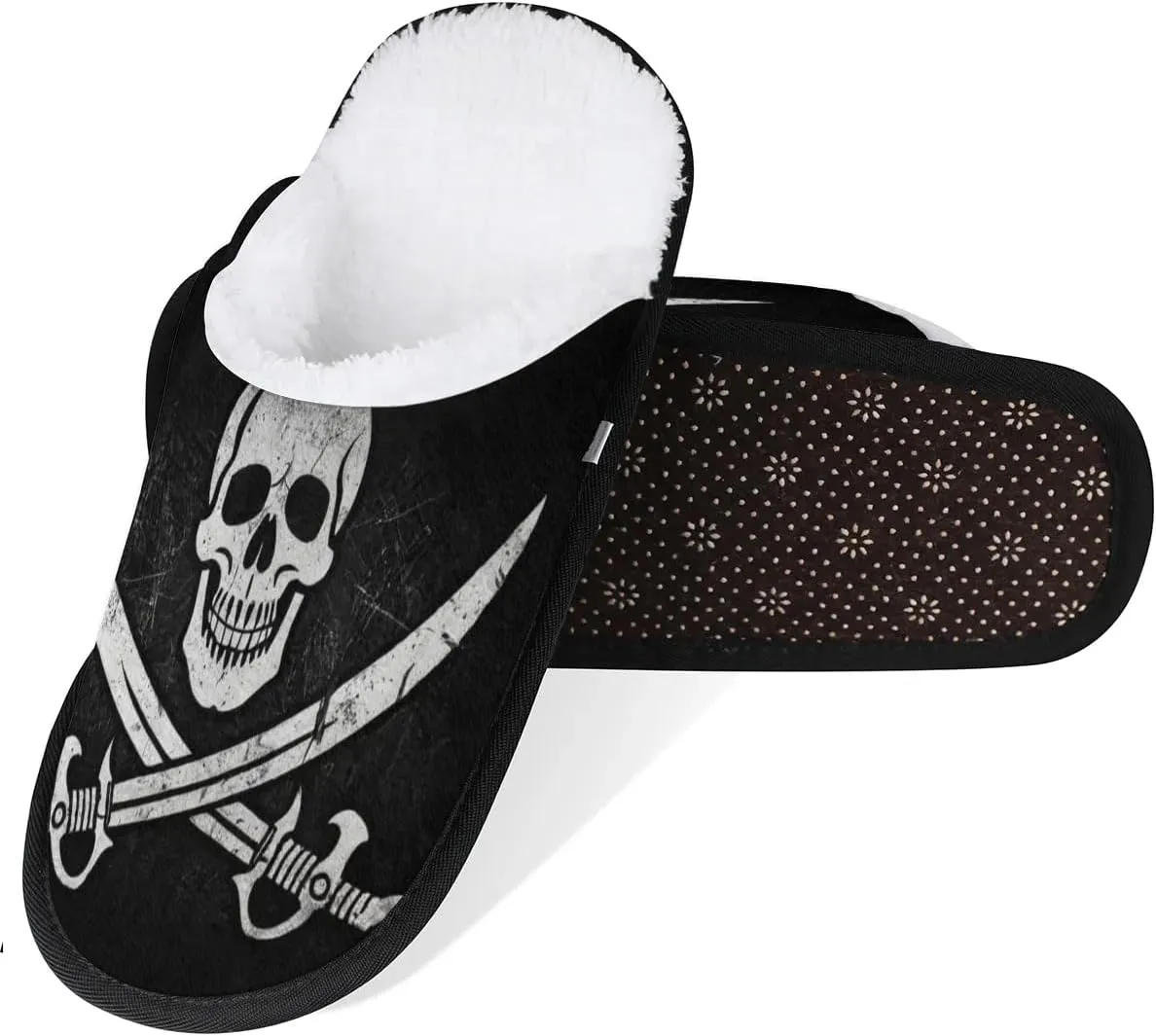 Jolly Roger Pirate Skull House Slippers for Women Men, Non-Slip Spa Slippers Soft Foam Warm Home Shoes