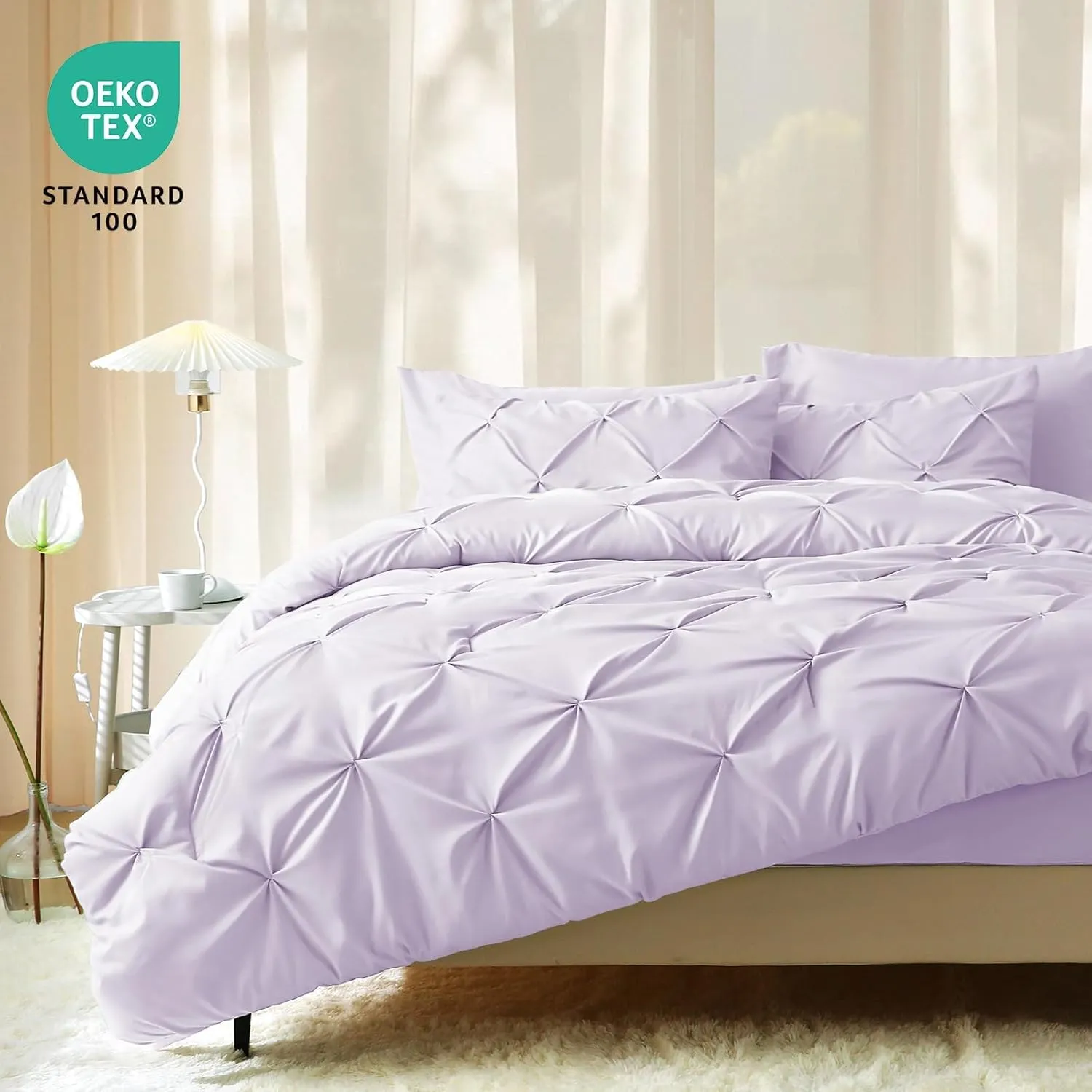 JOLLYVOGUE Queen Comforter Set 7 Pieces - Bed in a Bag Queen for All Season, Pintuck Bedding Comforter Sets with Comforter, Flat Sheet, Fitted Sheet and Pillowcases & Shams, Light Purple