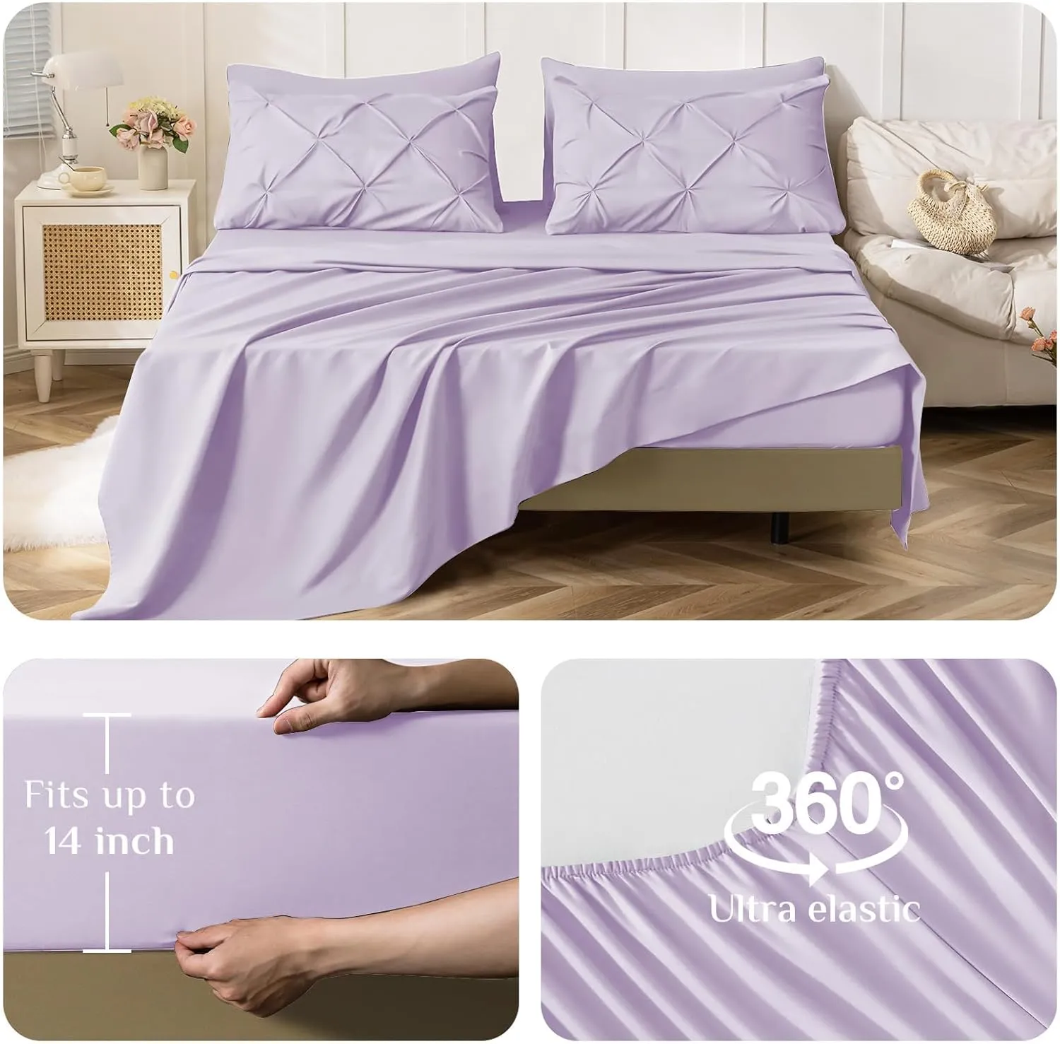 JOLLYVOGUE Queen Comforter Set 7 Pieces - Bed in a Bag Queen for All Season, Pintuck Bedding Comforter Sets with Comforter, Flat Sheet, Fitted Sheet and Pillowcases & Shams, Light Purple