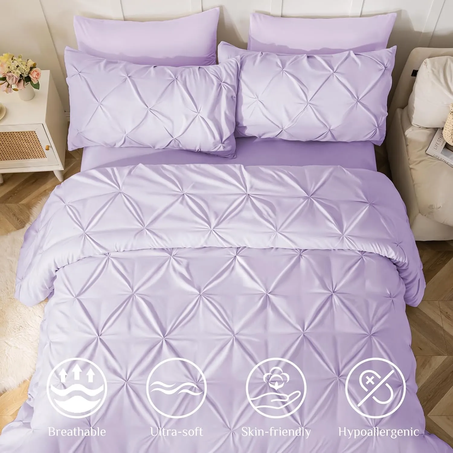 JOLLYVOGUE Queen Comforter Set 7 Pieces - Bed in a Bag Queen for All Season, Pintuck Bedding Comforter Sets with Comforter, Flat Sheet, Fitted Sheet and Pillowcases & Shams, Light Purple