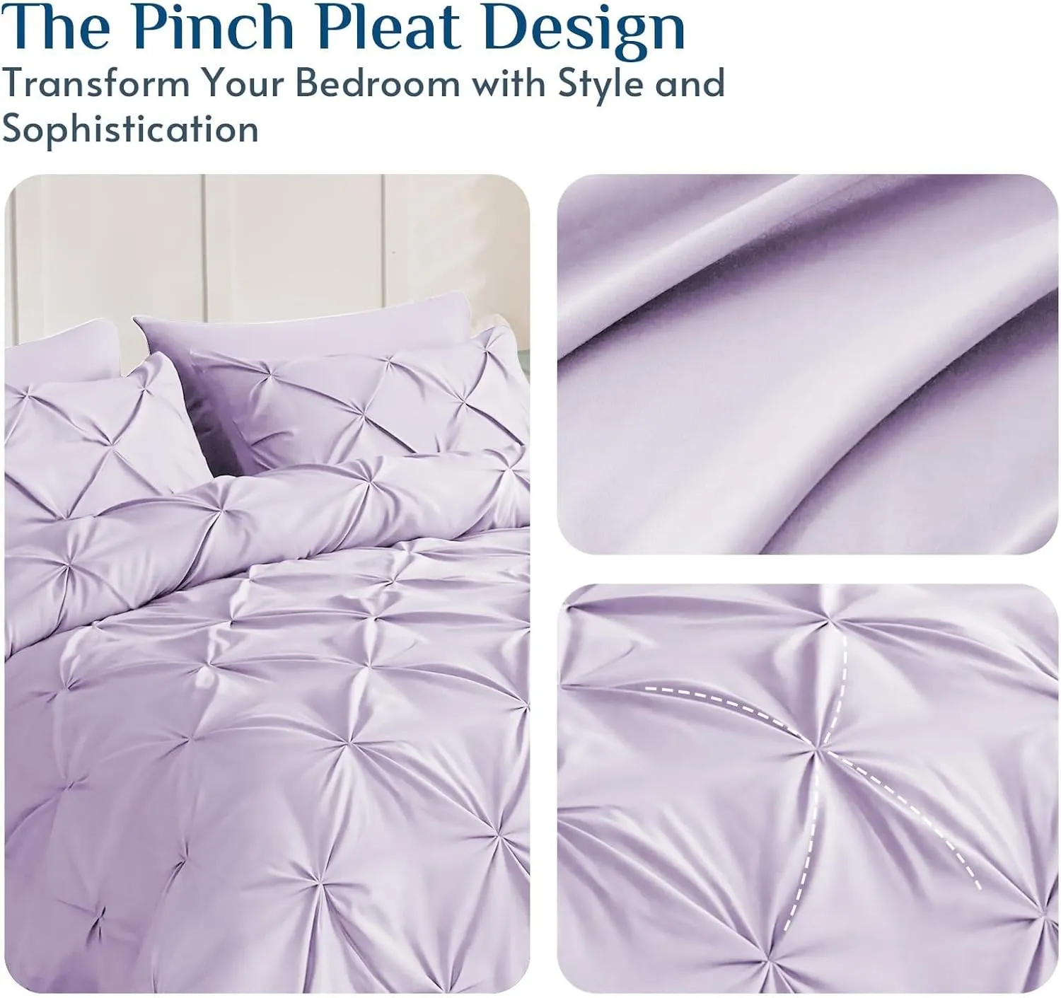 JOLLYVOGUE Queen Comforter Set 7 Pieces - Bed in a Bag Queen for All Season, Pintuck Bedding Comforter Sets with Comforter, Flat Sheet, Fitted Sheet and Pillowcases & Shams, Light Purple