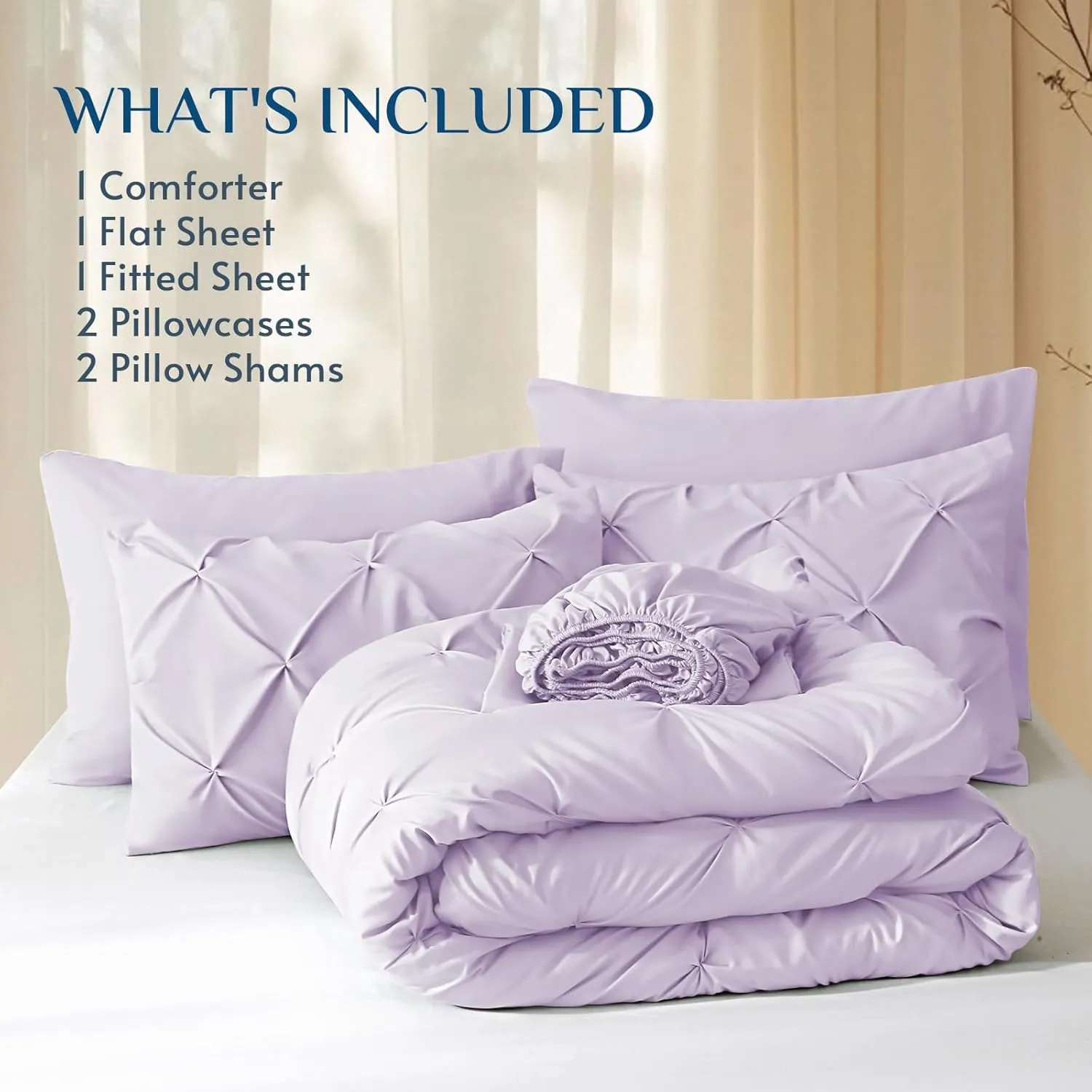 JOLLYVOGUE Queen Comforter Set 7 Pieces - Bed in a Bag Queen for All Season, Pintuck Bedding Comforter Sets with Comforter, Flat Sheet, Fitted Sheet and Pillowcases & Shams, Light Purple