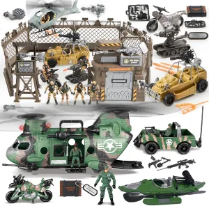 JOYIN Military Toys Set, Boys Military Toys, Including Helicopter with Realistic Light, Sound & Handle, Bruder Trucks, Boat, Motorcycle, Army Men Action Figures and Weapon Gears, Kids Gifts
