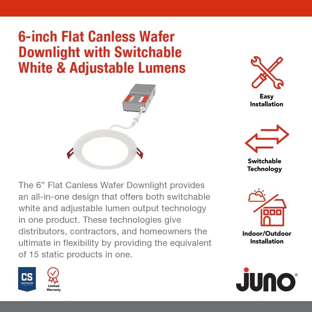 Juno LED Recessed Lights 6 Inch Round Baffle Wafer Downlight, 5-in-1 Switchable White Color Temperature, Adjustable Brightness, 120 Volts, 6-Inch Flat Trim, 12 Pack, Matte White