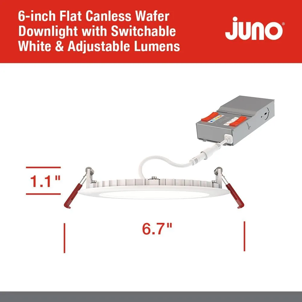 Juno LED Recessed Lights 6 Inch Round Baffle Wafer Downlight, 5-in-1 Switchable White Color Temperature, Adjustable Brightness, 120 Volts, 6-Inch Flat Trim, 12 Pack, Matte White