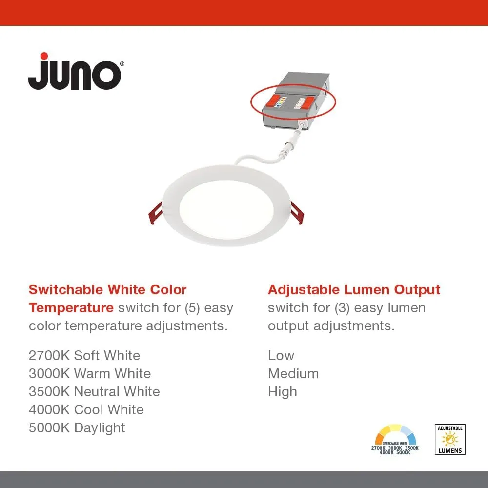 Juno LED Recessed Lights 6 Inch Round Baffle Wafer Downlight, 5-in-1 Switchable White Color Temperature, Adjustable Brightness, 120 Volts, 6-Inch Flat Trim, 12 Pack, Matte White