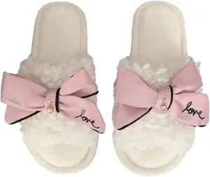 Kawaii Open Toe Slippers Women's Soft Bow Tie Fluffy Cozy House Shoes Sandals Fur Warm Comfy Slip On Slide Slippers (6,Pink)