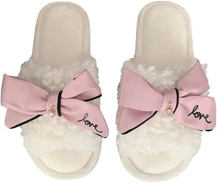 Kawaii Open Toe Slippers Women's Soft Bow Tie Fluffy Cozy House Shoes Sandals Fur Warm Comfy Slip On Slide Slippers (6,Pink)