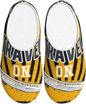 Keep Calm and Travel On Men's Women's Memory Foam Slippers Comfort Flannel Closed Toe House Shoes Indoor Scuff
